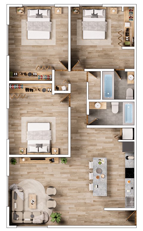 A floor plan of a house with two bedrooms, a living room, a kitchen, a dining room, and a bathroom.